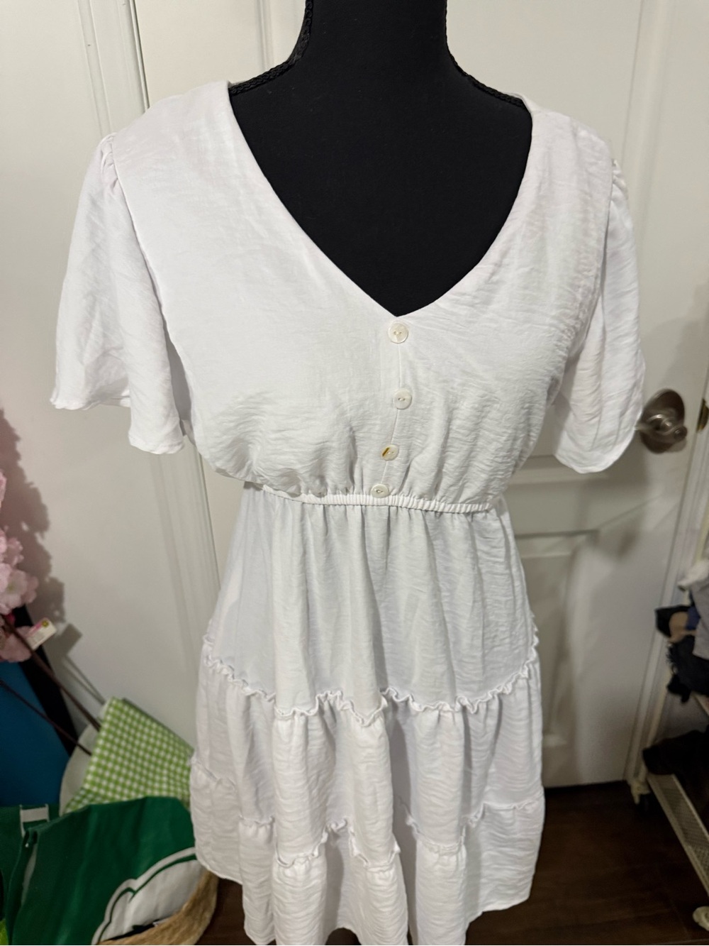 White Tiered V-Neck Button Front Dress